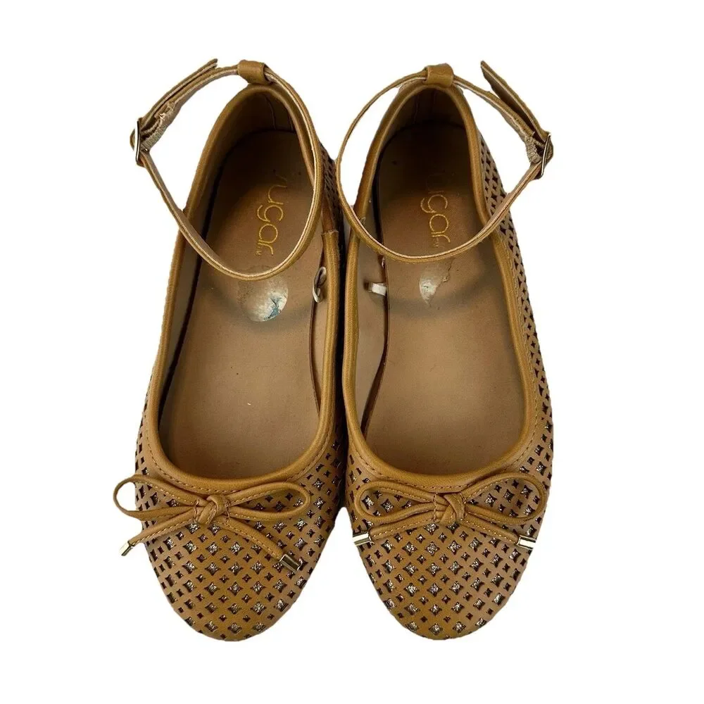 Sugar Evelyn Ballet Flats Girls Sz 2M Tan Brown Buckle Strap Bow Glitter